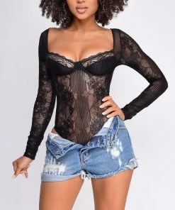 Emprada Tops Dian Black Lace Long Sleeve Bodysuit
