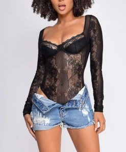 Emprada Tops Dian Black Lace Long Sleeve Bodysuit