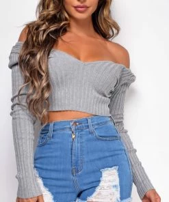 Emprada Tops Torin Grey Off Shoulder V Drop Top