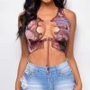 Emprada Tops Sariah Brown Multi Color Tie Dye Mesh Lace Up Crop Top