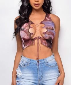 Emprada Tops Sariah Brown Multi Color Tie Dye Mesh Lace Up Crop Top