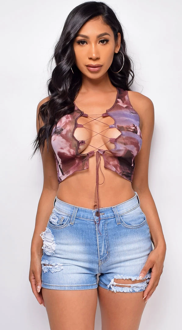 Emprada Tops Sariah Brown Multi Color Tie Dye Mesh Lace Up Crop Top 1 Emprada Tops Sariah Brown Multi Color Tie Dye Mesh Lace Up Crop Top