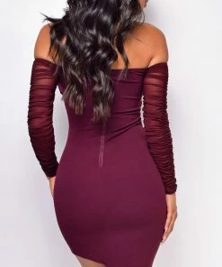 Emprada Marina Plum Red Off Shoulder Mesh Dress 7 Emprada Marina Plum Red Off Shoulder Mesh Dress