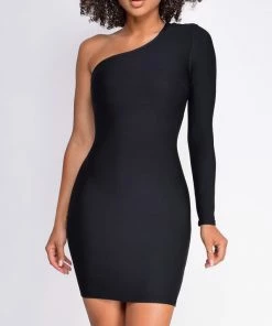 Emprada Janis Black One Shoulder Long Sleeve Bandage Dress Dresses