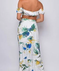 Emprada Tahiti White Tropical Floral Print Top And Skirt Set Dresses