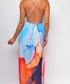 Emprada Dresses Bay Blue Multi Color Slit Maxi Dress