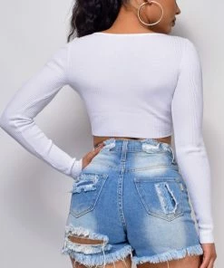 Emprada Evant White V Neck Button Crop Top Tops
