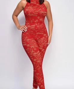 Emprada Maddie Red Mock Neck Lace Jumpsuit