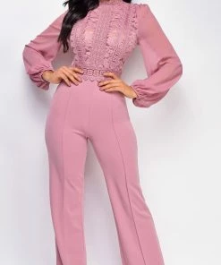 Emprada Nerine Pink Crochet Lace Mesh Jumpsuit