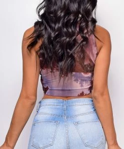 Emprada Tops Sariah Brown Multi Color Tie Dye Mesh Lace Up Crop Top