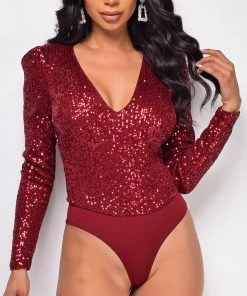 Emprada All Shine Red Sequin Bodysuit Tops