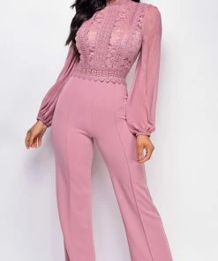 Emprada Nerine Pink Crochet Lace Mesh Jumpsuit
