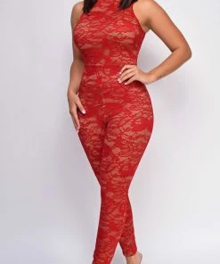 Emprada Maddie Red Mock Neck Lace Jumpsuit