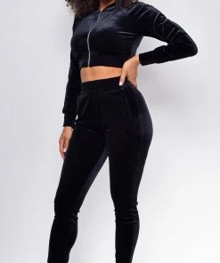 Emprada Loungewear Too Cool For That Black Velour Crop Jacket & Joggers Set