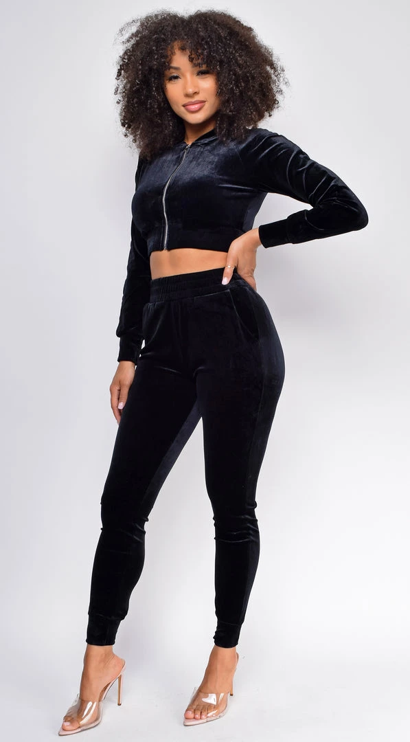 Emprada Loungewear Too Cool For That Black Velour Crop Jacket & Joggers Set 2 Emprada Loungewear Too Cool For That Black Velour Crop Jacket & Joggers Set