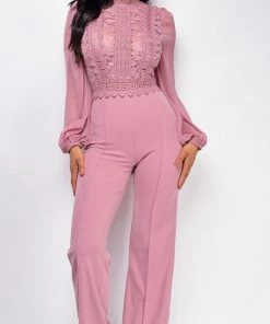 Emprada Nerine Pink Crochet Lace Mesh Jumpsuit