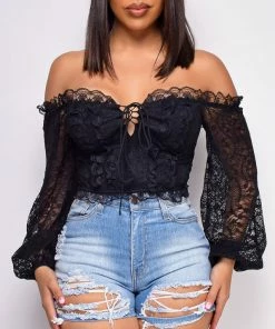 Emprada North Black Lace Off Shoulder Top Tops