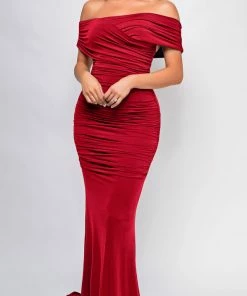 Emprada Divine Burgundy Red Off Shoulder Surplice Gown