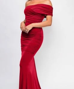 Emprada Divine Burgundy Red Off Shoulder Surplice Gown