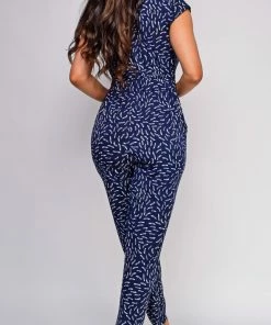 Emprada Kimmy Navy White Abstract Surplice Side Tie Jumpsuit
