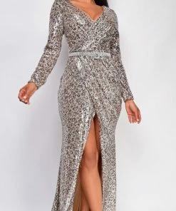 Emprada Lily Brown Leopard Sequin Gown Dresses