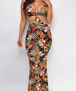 Emprada Kendari Navy Blue Floral Print Cut Out Dress