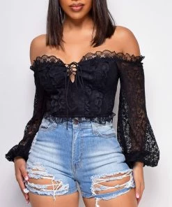 Emprada North Black Lace Off Shoulder Top Tops