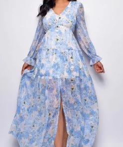 Emprada Janet Blue Floral Print Maxi Dress Dresses