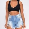 Emprada Bottoms Tasman Blue Ripped Frayed Super High Waist Denim Shorts