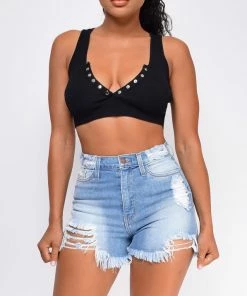 Emprada Bottoms Tasman Blue Ripped Frayed Super High Waist Denim Shorts