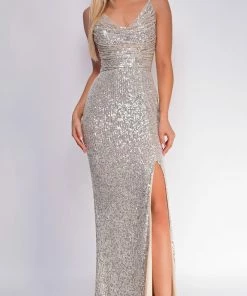 Emprada Sivan Nude Silver Cowl Neck Side Slit Sequin Gown Dresses