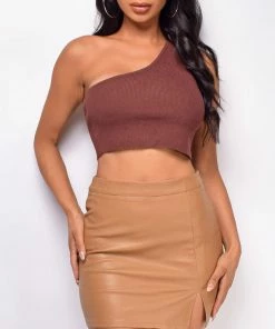 Emprada Ira Brown One Shoulder Knit Top