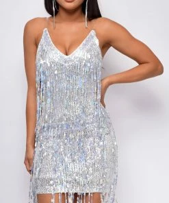 Emprada Avelyn Silver Sequin Fringe Dress