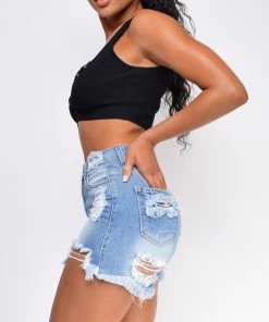 Emprada Bottoms Tasman Blue Ripped Frayed Super High Waist Denim Shorts