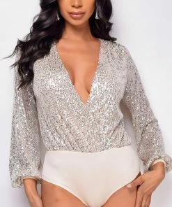 Emprada Tops Harlow Silver Sequin Bodysuit