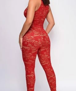 Emprada Maddie Red Mock Neck Lace Jumpsuit