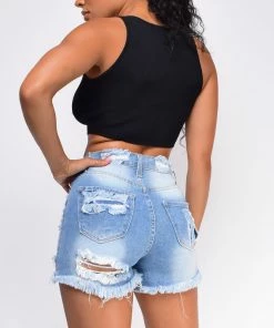 Emprada Bottoms Tasman Blue Ripped Frayed Super High Waist Denim Shorts