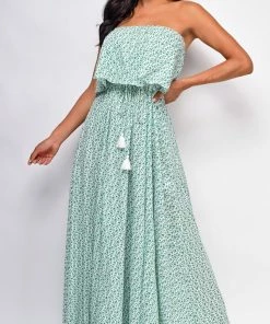 Emprada Dresses Eden Green Floral Tube Sleeveless Side Slit Dress