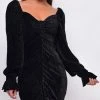 Emprada Rheanna Black Velvet Long Sleeves Ruched Dress Dresses