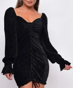 Emprada Rheanna Black Velvet Long Sleeves Ruched Dress Dresses