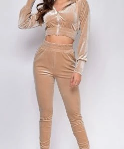 Emprada Chill Out Beige Velour Crop Hoodie Set
