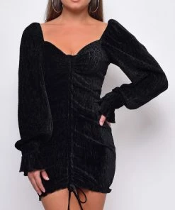 Emprada Rheanna Black Velvet Long Sleeves Ruched Dress Dresses