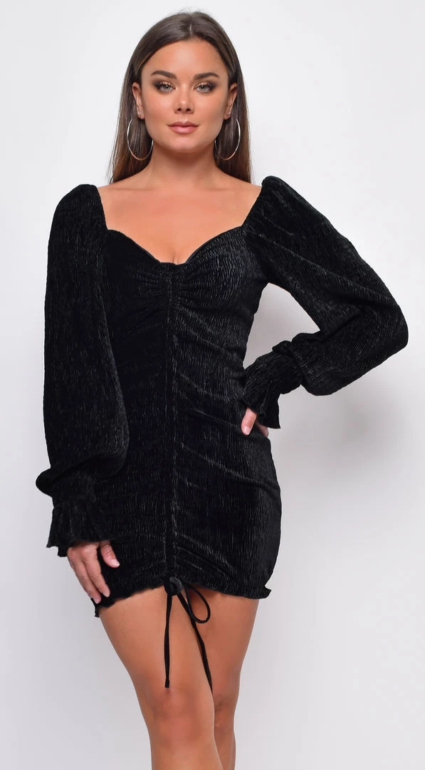 Emprada Rheanna Black Velvet Long Sleeves Ruched Dress Dresses 2 Emprada Rheanna Black Velvet Long Sleeves Ruched Dress Dresses