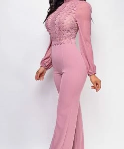 Emprada Nerine Pink Crochet Lace Mesh Jumpsuit