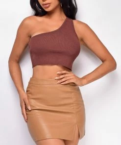 Emprada Ira Brown One Shoulder Knit Top