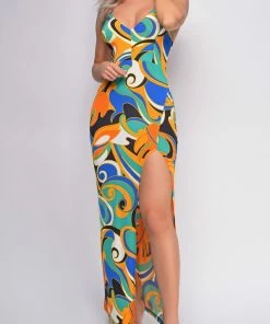 Emprada Dresses Alia Green Multi Color Cross Back Maxi Dress