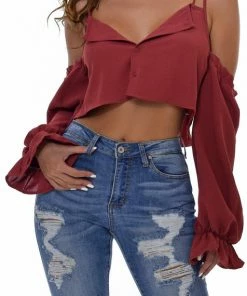 Emprada Jona Brick Red Cold Shoulder Crop Top