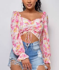 Emprada Benita White Pink Floral Top Tops