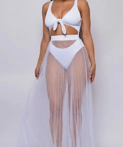 Emprada Palmaria White Pleated Sheer Tulle Maxi Cover-up Skirt Formal Dresses