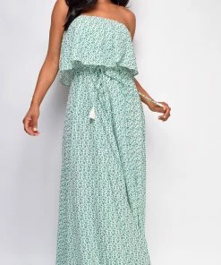 Emprada Dresses Eden Green Floral Tube Sleeveless Side Slit Dress